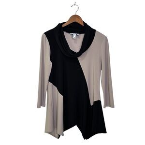 Joseph Ribkoff Size 8 Black Taupe Stretch Asymmetric Cowl Neck Tunic Top #193142